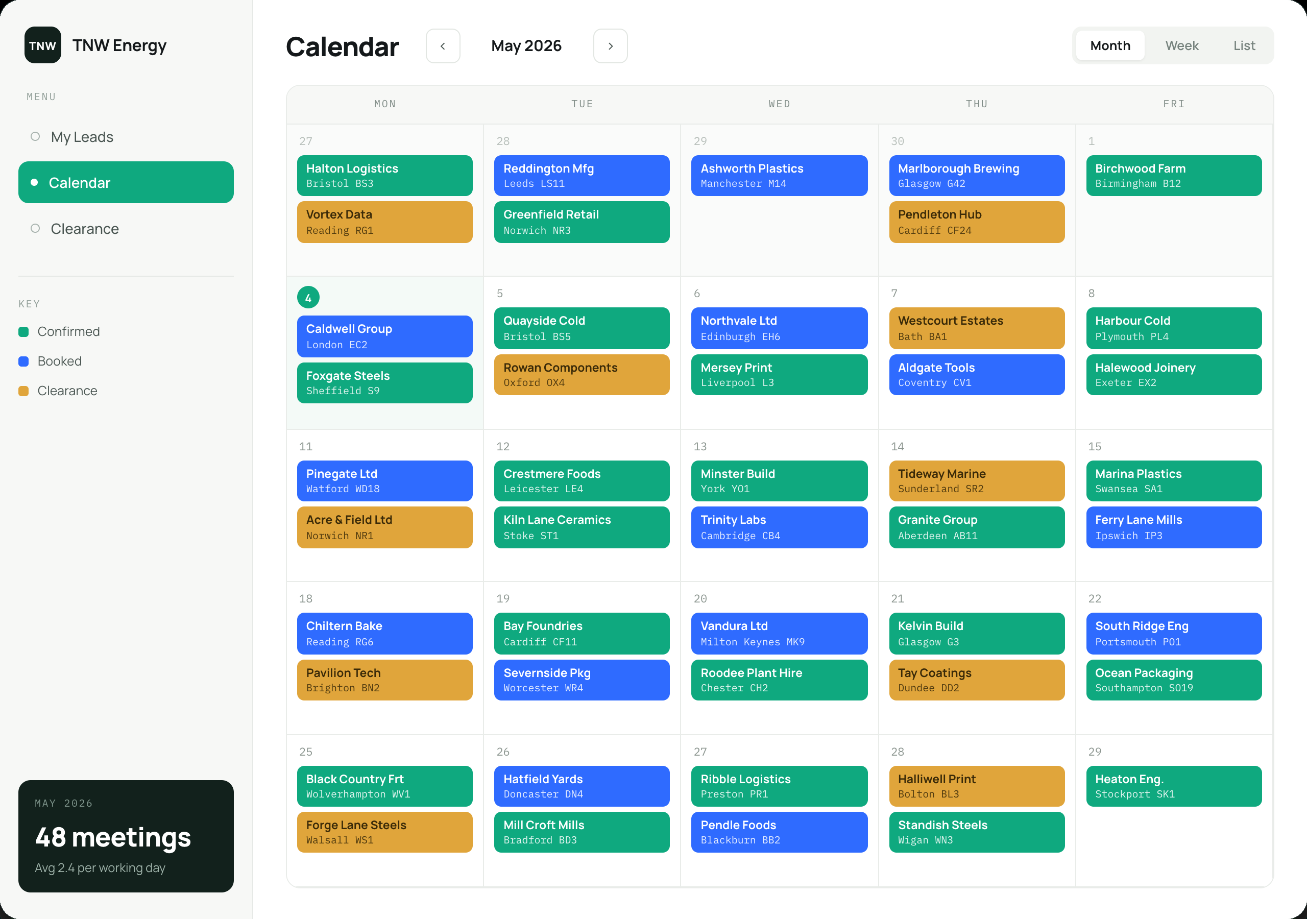 Calendar of upcoming appointments