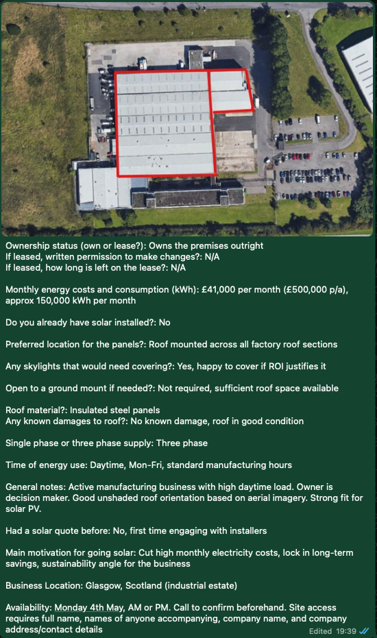Example WhatsApp lead drop showing aerial site image and qualification details